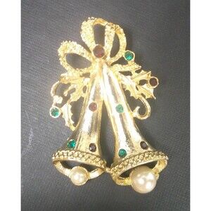 Vintage Double Bell Christmas Gold Tone Brooch Holiday Pin 2 Inch Red Green